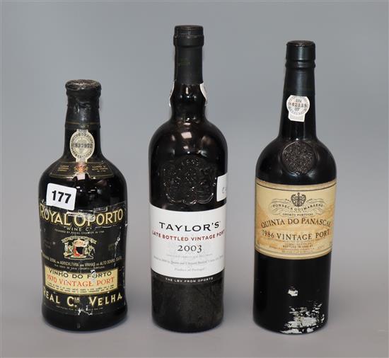 A Royal Oporto vintage port 1970, Quinta do Panascal 1986 vintage port and a bottle of Taylors 2003 late vintage port